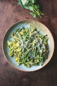 Pesto pasta with charred beans and potatoes