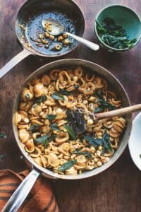 Caramelised onion orecchiette with hazelnuts and crispy sage