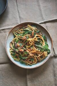 Linguine with miso butter, shiitake and spinach